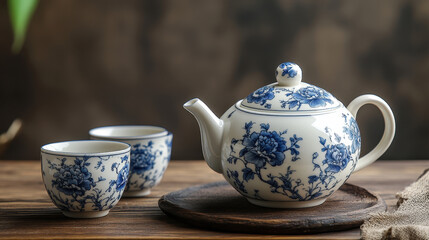 A traditional Chinese porcelain tea set with blue floral patterns