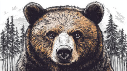 Obraz premium Detailed artistic hand-drawn illustration of a realistic bear face with a forest and mountain backdrop