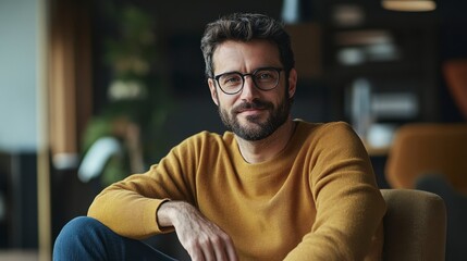 Obraz premium Happy man wearing glasses sitting indoors smiling lifestyle