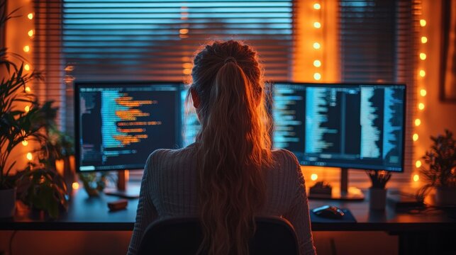 Young Asian Business Woman Coding at Home Office Desk with Natural Light and Plants for Remote Career Development in IT and Technology