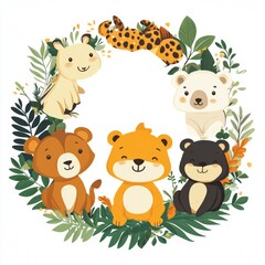 Naklejka premium Cute Animal Illustrations in a Floral Wreath Design