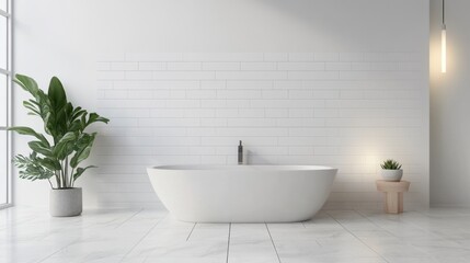 Fototapeta premium Minimalist white bathroom interior with modern tub and copy space.