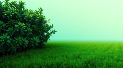 Fototapeta premium Vibrant green grass covers the landscape, dotted with lush bushes, creating a serene atmosphere perfect for enjoying the beauty of spring