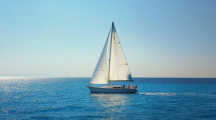 Fototapeta premium Blue sails catch the summer wind as a yacht races across the sea