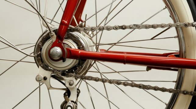 Vintage Bicycle Details - A close-up of the rear wheel, chain and red frame. - Powered by Adobe
