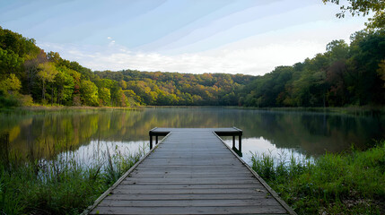 Naklejka premium Serene Autumn Lake with Wooden Dock