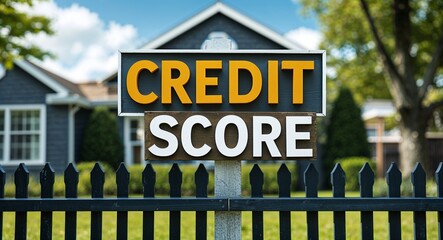 Fototapeta premium Credit score lettering on sign at fence with house background