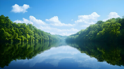 Serene River Landscape with Lush Green Forest and Blue Sky Reflection