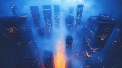 Futuristic Cyberpunk Cityscape at Night with Illuminated Skyscrapers and Neon Lights in a Misty Atmosphere