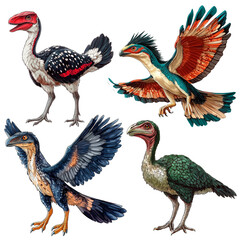 Obraz premium Dinosaurs with feathers. Flying dinosaurs on a transparent background. Herbivorous and predatory prehistoric reptiles. Stickers with lizards on a light background.