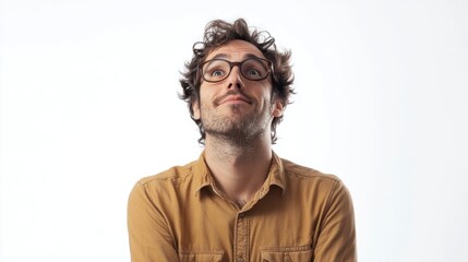 Obraz premium Pensive Man with Glasses Looking Upward in Thoughtful Surprise
