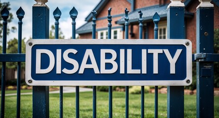 Obraz premium disability lettering on sign at fence with house background