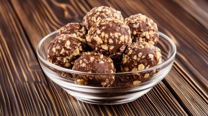 Delicious Chocolate Balls Coated with Nuts in a Glass Bowl on Wooden Table Surface
