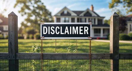 Disclaimer lettering on sign at fence with house background