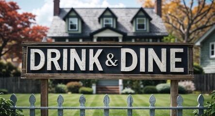Fototapeta premium drink and dine lettering on sign at fence with house background