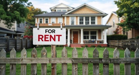 Fototapeta premium for rent lettering on sign at fence with house background