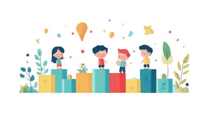 Children Playing Together in a Colorful Flat Vector Illustration