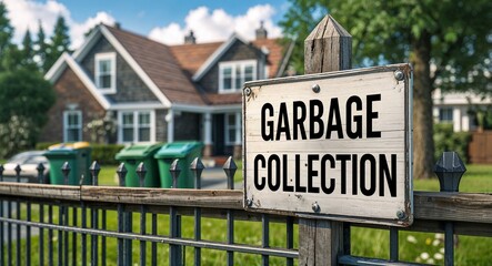 Obraz premium Garbage collection lettering on sign at fence with house background
