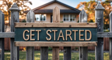 Obraz premium Get started lettering on sign at fence with house background