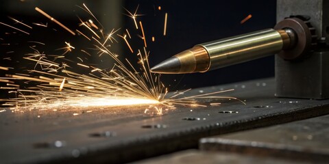 Welding sparks illuminate metal surface in industrial workshop during metal fabrication process