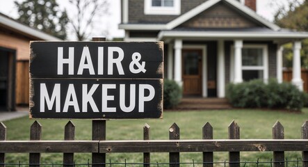 Obraz premium Hair and makeup lettering on sign at fence with house background