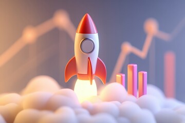 Cartoon Rocket Launching with Stock Chart