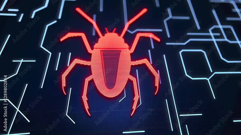 Poster glowing red digital bug icon on dark circuit board symbolizing computer virus, cybersecurity threat,