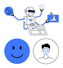 Multifunctional robot working on law scales, heart care, robotics, UI design, face recognition, and happiness. Ideal for AI, automation technology ethics healthcare robotics metaphor. Abstract