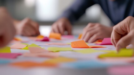 team brainstorming with sticky notes on a table