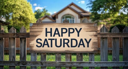 Obraz premium happy Saturday lettering on sign at fence with house background