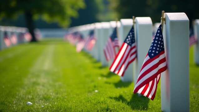 A respectful image of a military cemetery, with rows of headstones adorned with American flags, conveying a sense of honor and remembrance. - Powered by Adobe