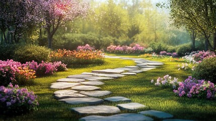 Obraz premium Serene garden path, vibrant blooms, sunny morning