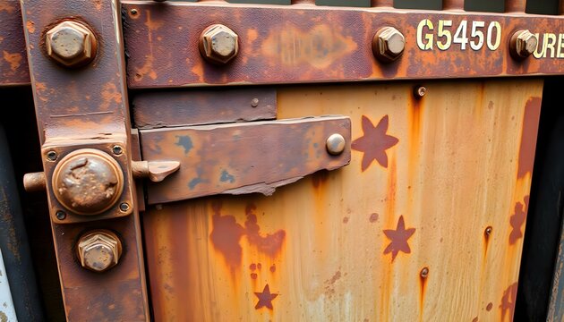 a rusted metal door with a bunch of knobs on it