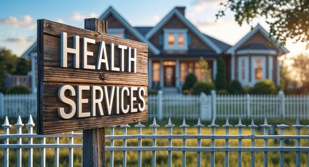 Obraz premium Health Services lettering on sign at fence with house background