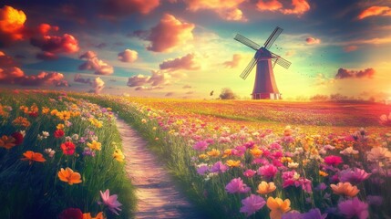 Vintage wooden windmill with beautiful colorful wild flowers in Spring.