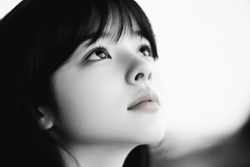 Close-up of Woman Looking Upward in Black and White