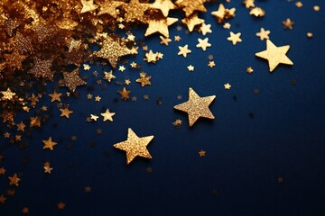 Gleaming Golden Star Confetti on Deep Blue Background in Macro Photography