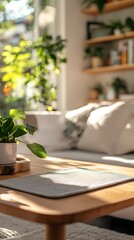 Fototapeta premium Indoor wooden table and plant poster background with Generative