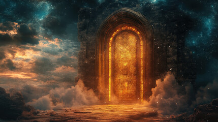 Fototapeta premium A mystical golden portal glowing brightly in the clouds, surrounded by a celestial and dreamlike atmosphere.