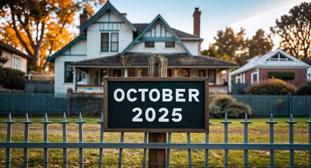 Obraz premium october 2025 lettering on sign at fence with house background