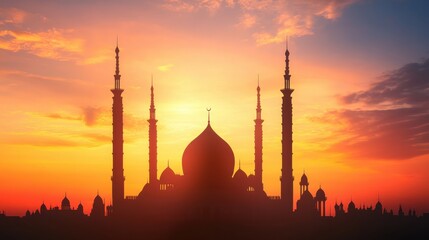 Majestic Silhouette of Mosque Against Vibrant Sunset Sky