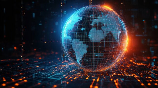 Futuristic Digital Globe with Stock Market Analysis Data and Cyberpunk Lighting