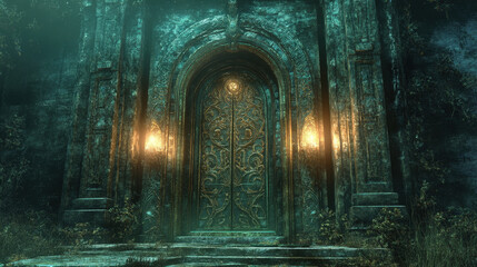 Obraz premium A grand ancient gothic door with intricate carvings, glowing lanterns, and a dark, mysterious ambiance.