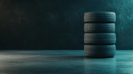 Stack of Four Black Car Tires on a Dark Background with Dramatic Lighting and Shadows
