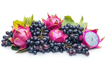 Detailed Image of Freshly Harvested Dragonfruit and Grapes Isolated on White Background
