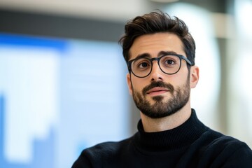 Obraz premium Man with beard wearing glasses and a turtleneck sweater