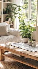 Indoor wooden table and plant poster background with Generative