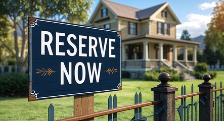 Reserve now lettering on sign at fence with house background