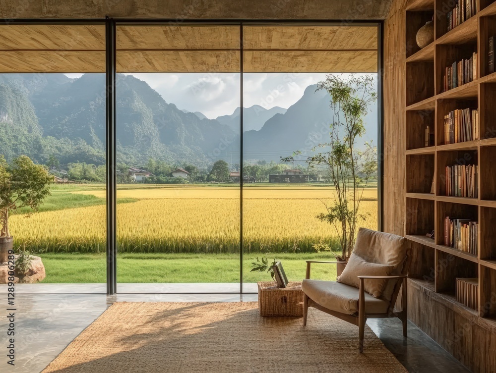 Poster interior view through large window overlooking golden fields and mountain range