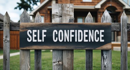 Obraz premium self confidence lettering on sign at fence with house background